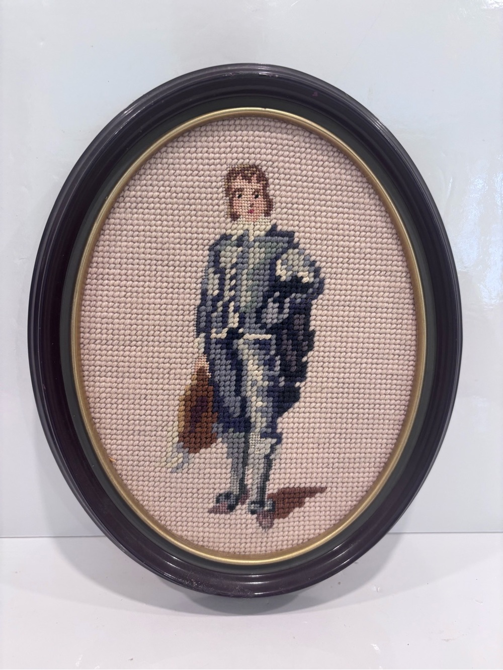 Vintage hand stitched needlepoint cross stitch portrait renaissance gentleman